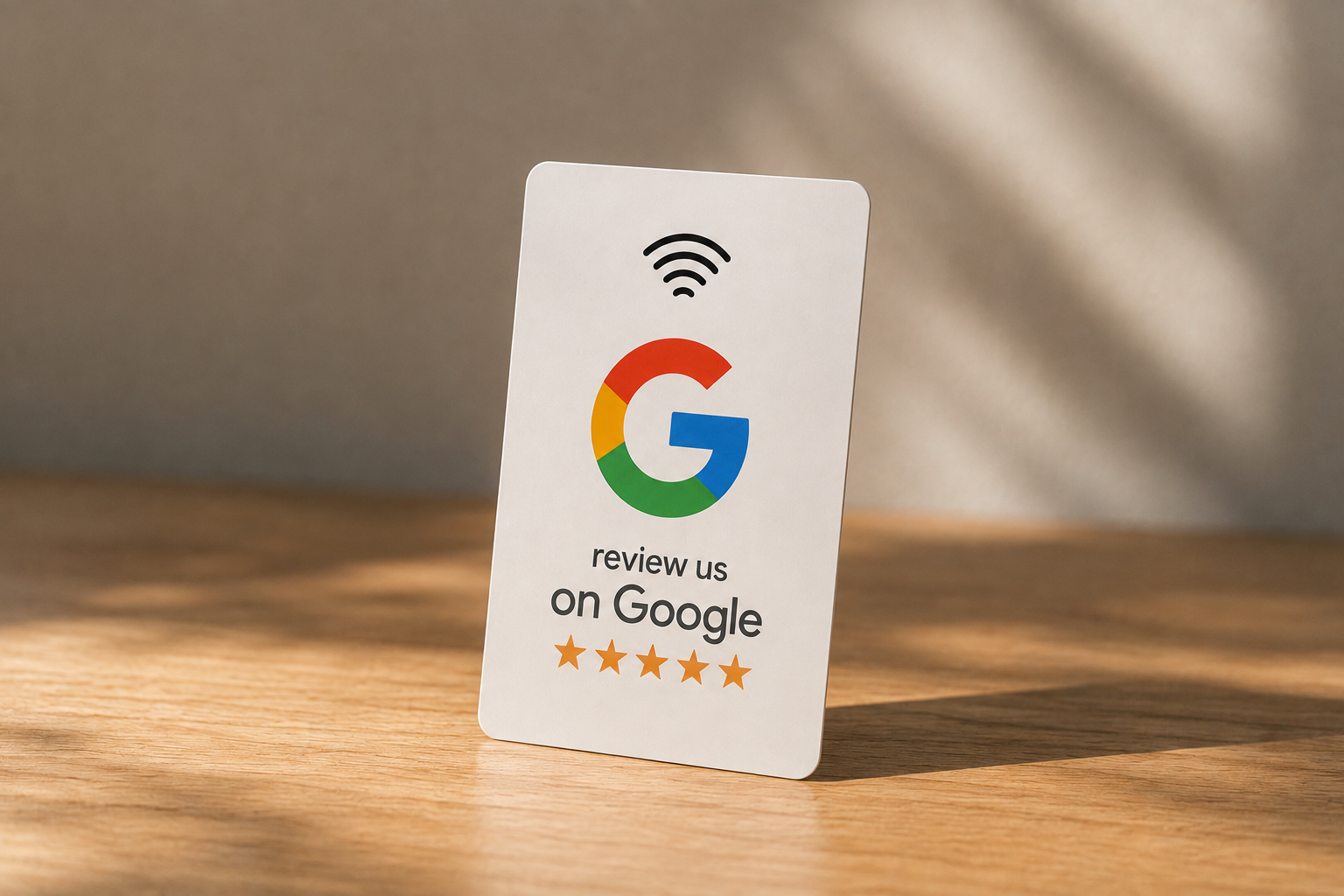 TapNFlow NFC-kort med teksten review us on Google stående på en træbordplade ved kassen